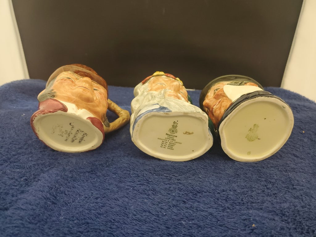 Royal Doulton Toby Jugs 3 Small Jugs (Neptune, Capt Cuttle, Farmer Giles of Ham)