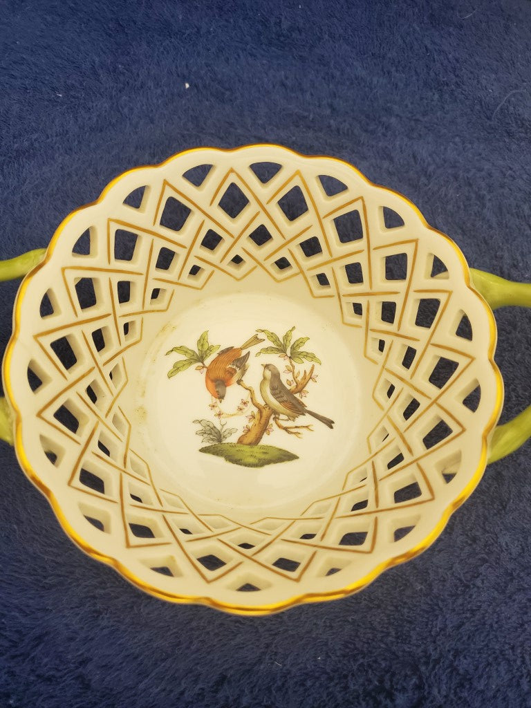 Herend Rothschild Bird (RO) 5" Round Open Weave Basket w/ Handles 7412 Imperfect