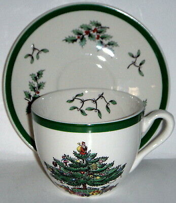 Set of 3 Spode Christmas Tree (Green Trim) Flat Cup & Saucer Sets