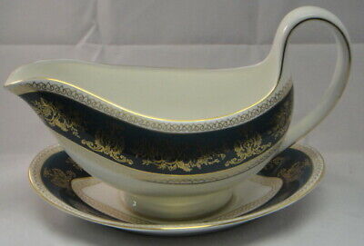 Wedgwood Columbia Blue & Gold Gravy Boat W/Underplate