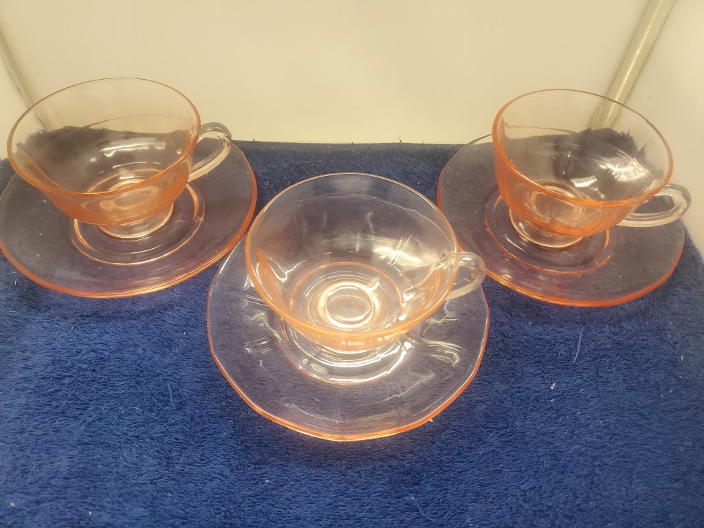 Set of 3 Depression Glass Fairfax Pink Cup & Saucer Sets SASE102225