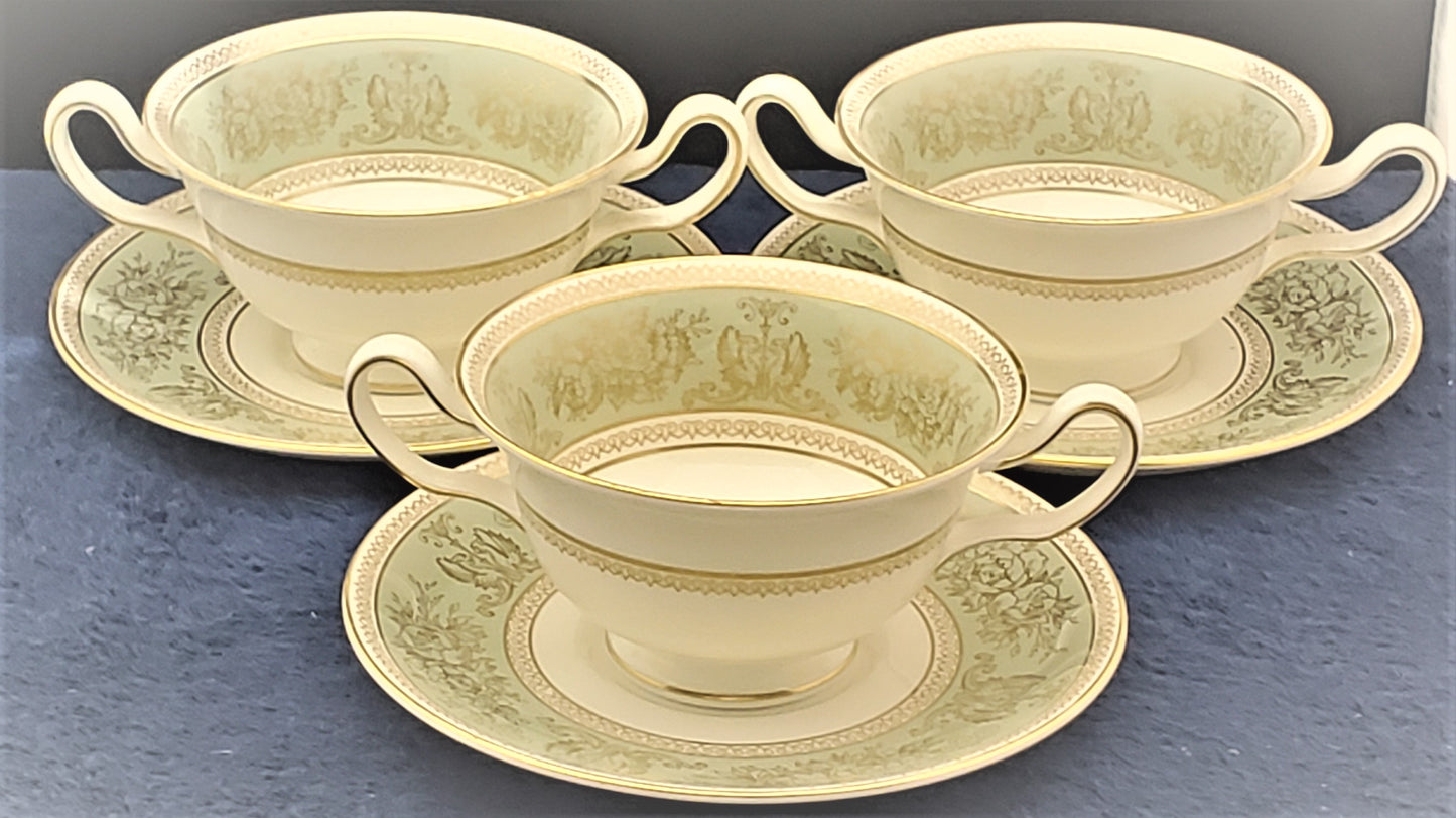 Set of 3 Wedgwood Columbia-Sage Green Rim Footed Cream Soup Bowls & Saucers Sets