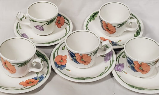 Set of 5 Villeroy & Boch Amapola Demitasse Cup and Saucer Sets
