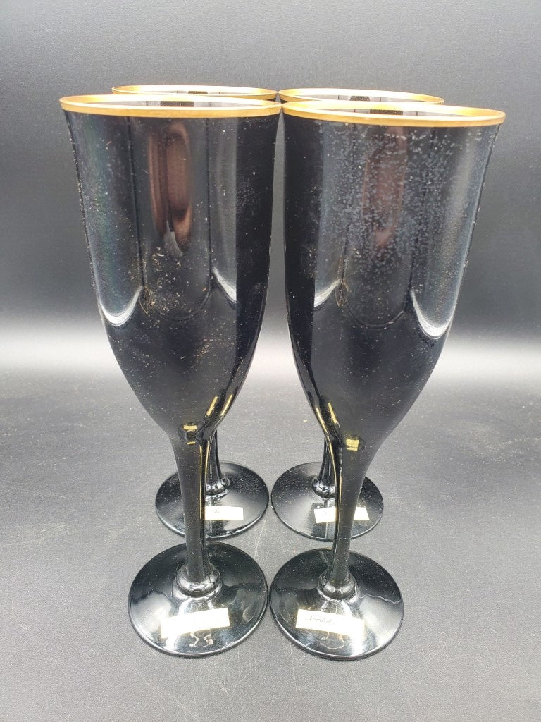 Set of 4 Noritake Remembrance Ebony Gold Champagne Flutes LK