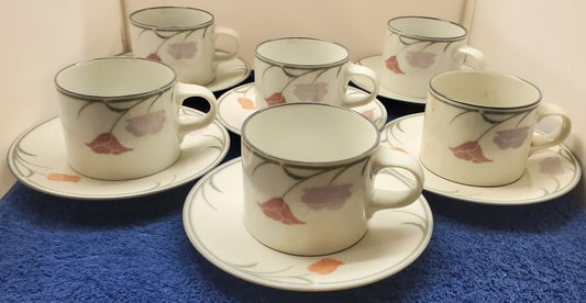 Set of 6 Dansk Belles Fleurs Gray Cup & Saucer Sets LK