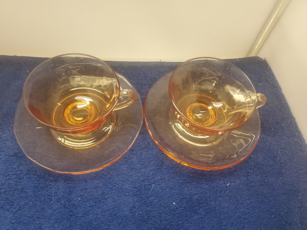 Set of 2 Depression Glass Fairfax Amber (Orange) Cup & Saucer Sets SASE102225