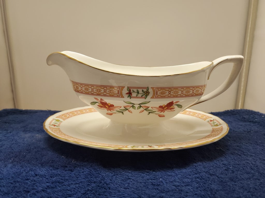 Royal Worcester Chamberlain Orange Gravy Boat & Attached Underplate LK