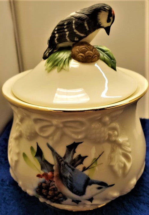 Lenox Winter Greetings Sculpted Sugar Bowl WIth Lid (With Blue Bird Finial)