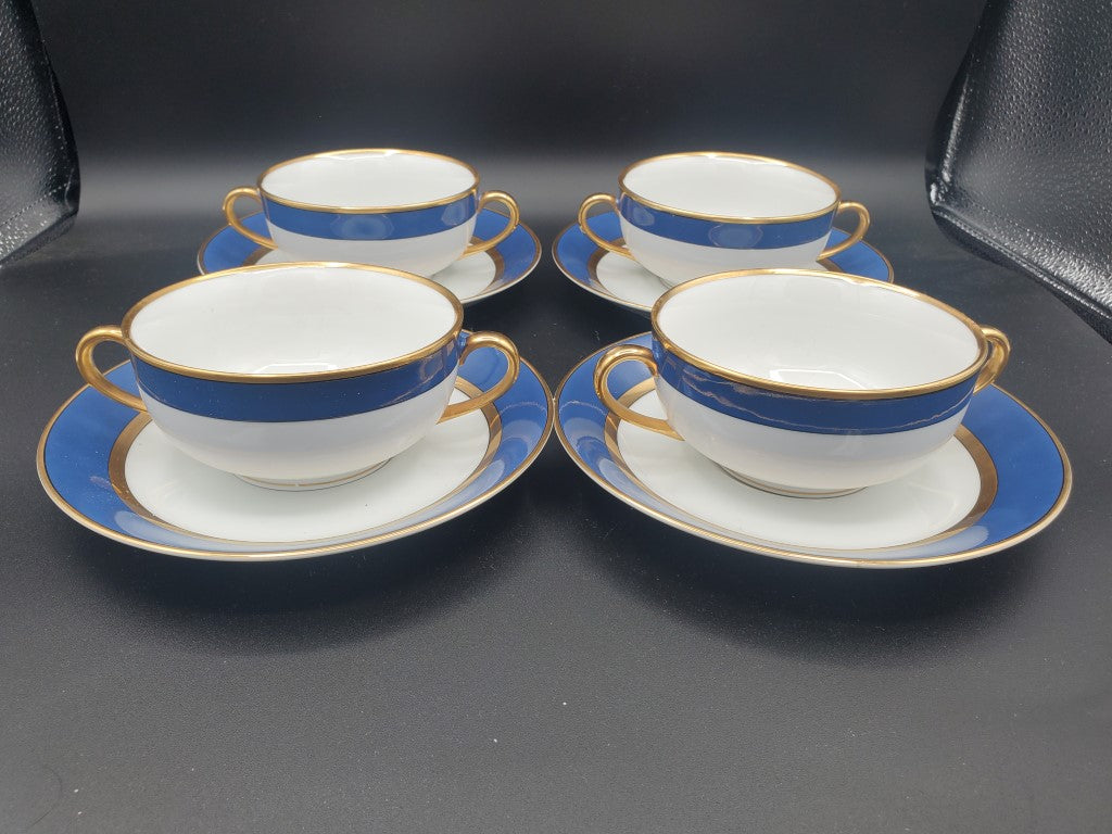 Set of 4 Fitz & Floyd Renaissance Cerulean Blue Cream Soup & Saucer Sets LK