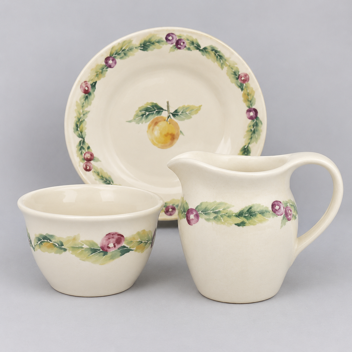 Pfaltzgraff Jamberry 3 Piece Lot: Salad Plate, Creamer, Sugar Bowl No Lid (Some Imperfect)