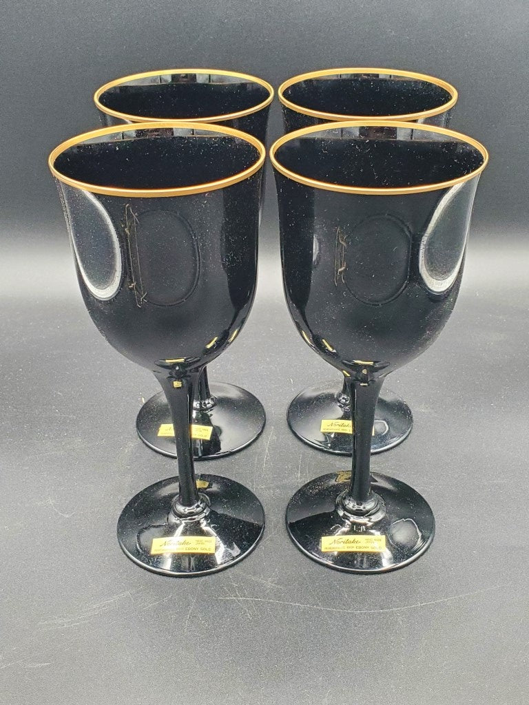 Set of 4 Noritake Remembrance Ebony Gold Water Goblets LK