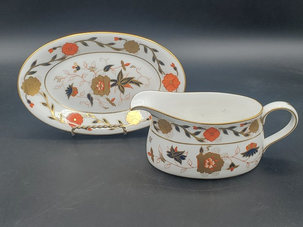 Royal Crown Derby Asian Rose (Duesbury Shape) Gravy Boat with Underplate LK