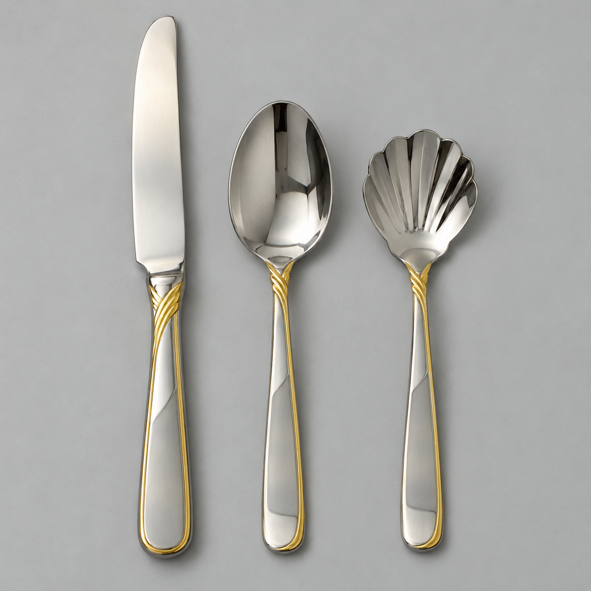 Yamazaki Affair-Gold 3 Piece Lot: Knife, Soup Spoon, Sugar Shell Spoon