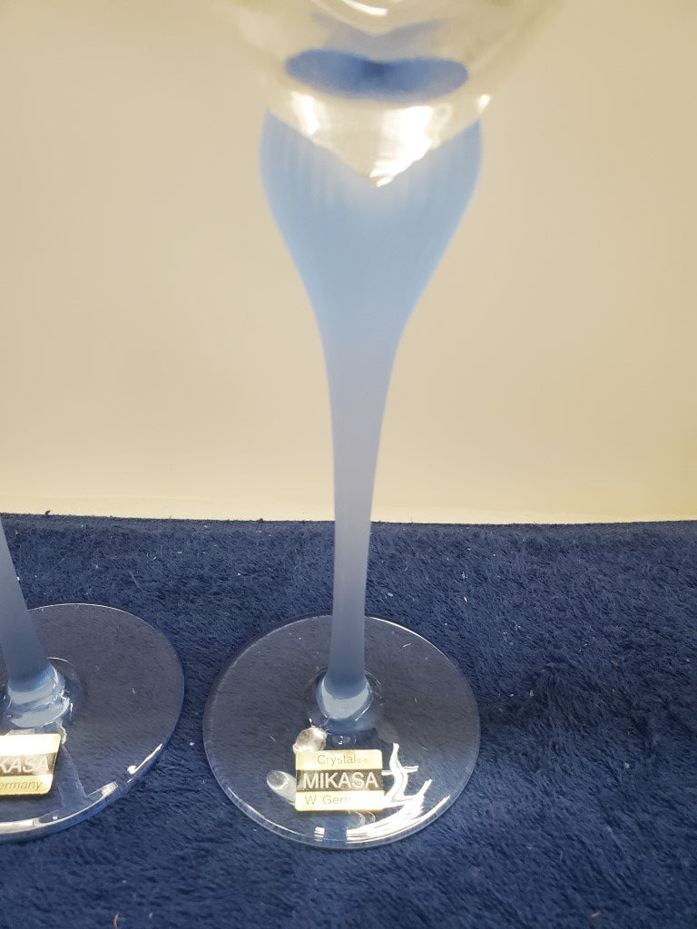 Set of 2 Mikasa Sea Mist Sapphire Frosted Stem Wine Glasses LK