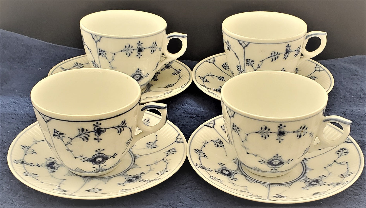 Set of 4 Royal Copenhagen Blue Fluted Plain Cup & Saucer Sets (2162)