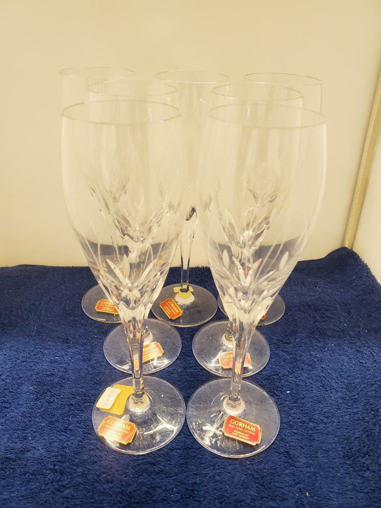 Set of 7 Gorham Crystal Borealis Champagne Flutes LK