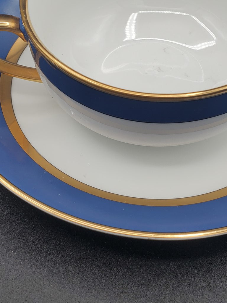Set of 4 Fitz & Floyd Renaissance Cerulean Blue Cream Soup & Saucer Sets LK