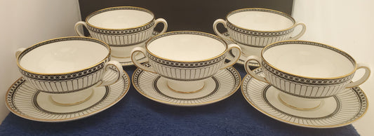Set of 5 Wedgwood Colonnade Black Cream Soup Cup & Saucer Sets