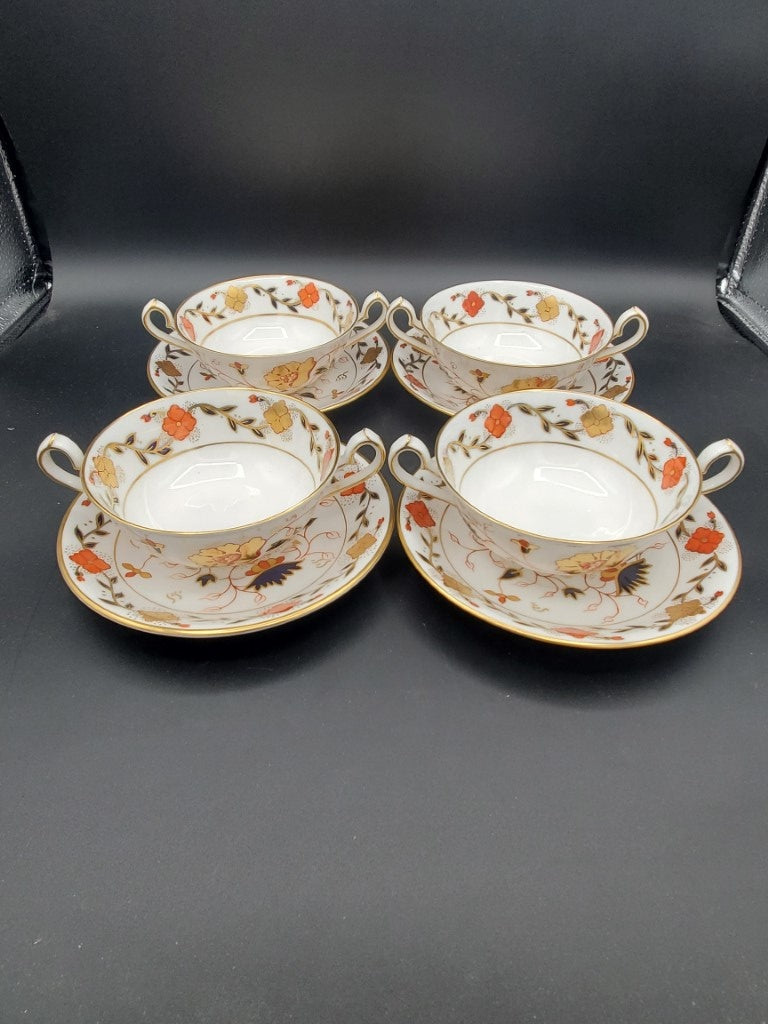 Set of 4 Royal Crown Derby Asian Rose (Duesbury Shape) Cream Soup Cup & Saucer Sets LK