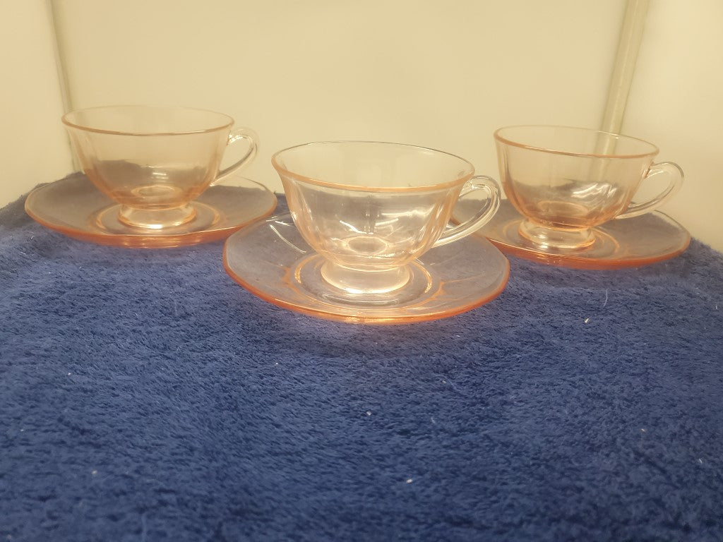 Set of 3 Depression Glass Fairfax Pink Cup & Saucer Sets SASE102225