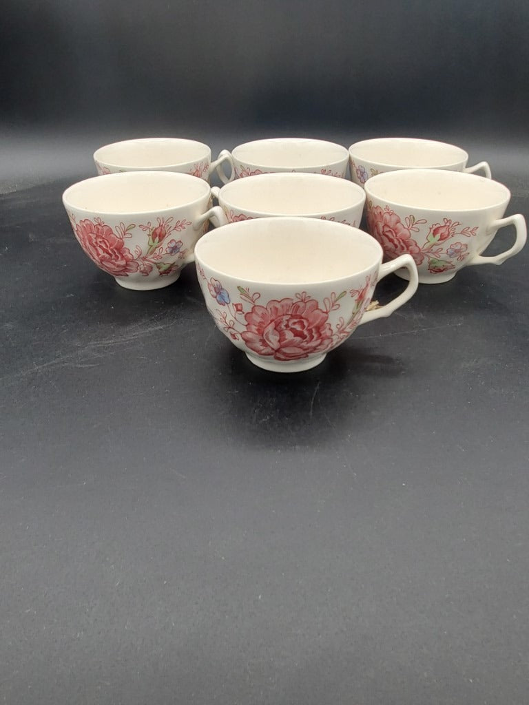 Set of 7 Johnson Brothers Rose Chintz Pink Flat Cups