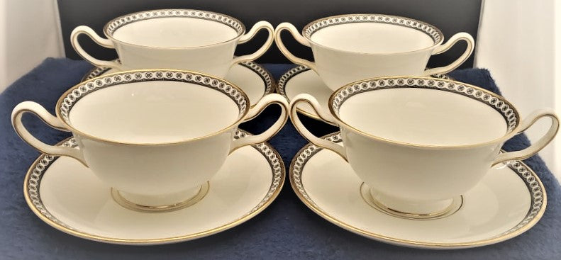 Set of 4 Wedgwood Ulander Black Cream Soup Cup & Saucer Sets