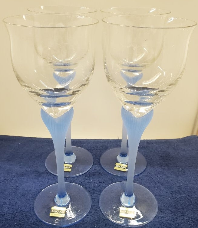 Set of 4 Mikasa Sea Mist Sapphire Frosted Stem Water Goblets LK