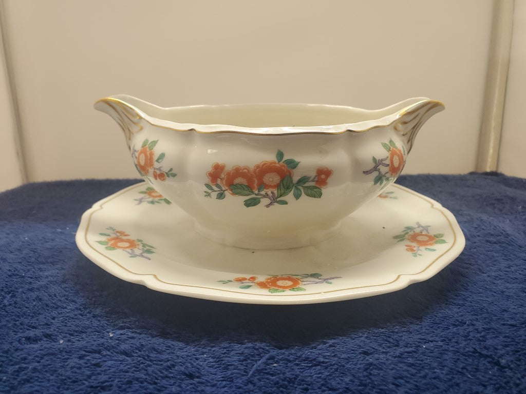 Royal Limoges Orange Tree Gravy Boat & Attached Underplate LK