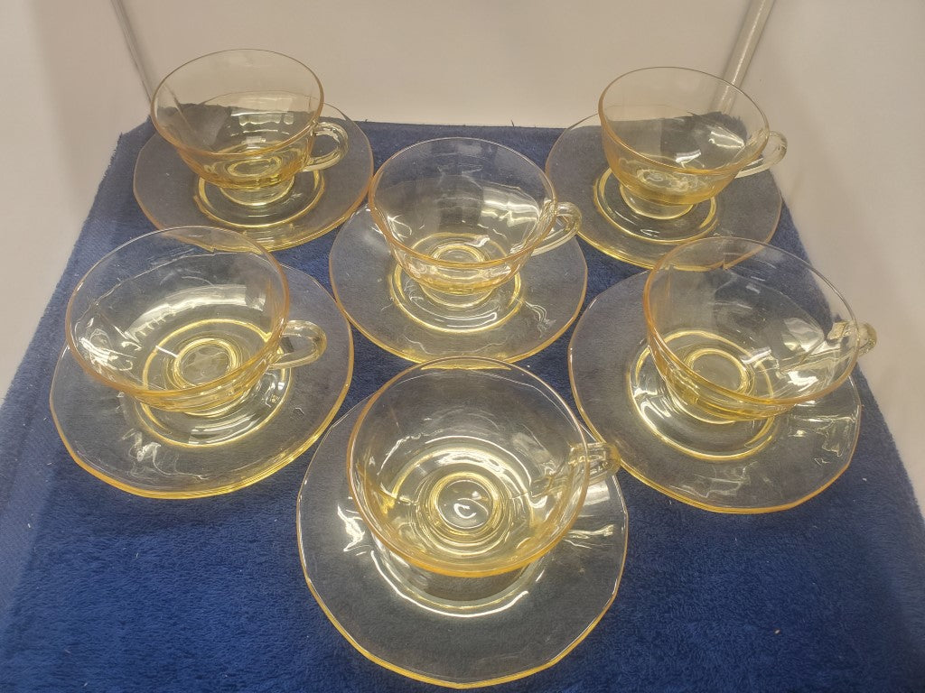 Set of 6 Depression Glass Fairfax Topaz (Yellow) Cup & Saucer Sets SASE102225