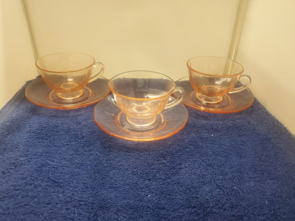 Set of 3 Depression Glass Fairfax Pink Cup & Saucer Sets SASE102225