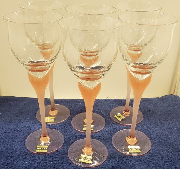 Set of 6 Mikasa Sea Mist Coral Frosted Stem Wine Glasses LK