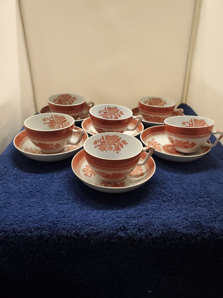Set of 6 Spode Fitzhugh Red Canton Shape Cup & Saucer Sets LK