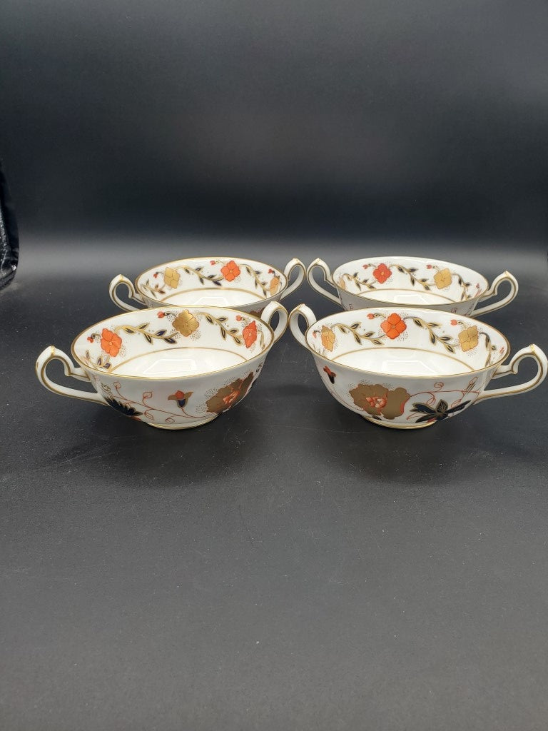 Set of 4 Royal Crown Derby Asian Rose (Duesbury Shape) Cream Soup Cup & Saucer Sets LK