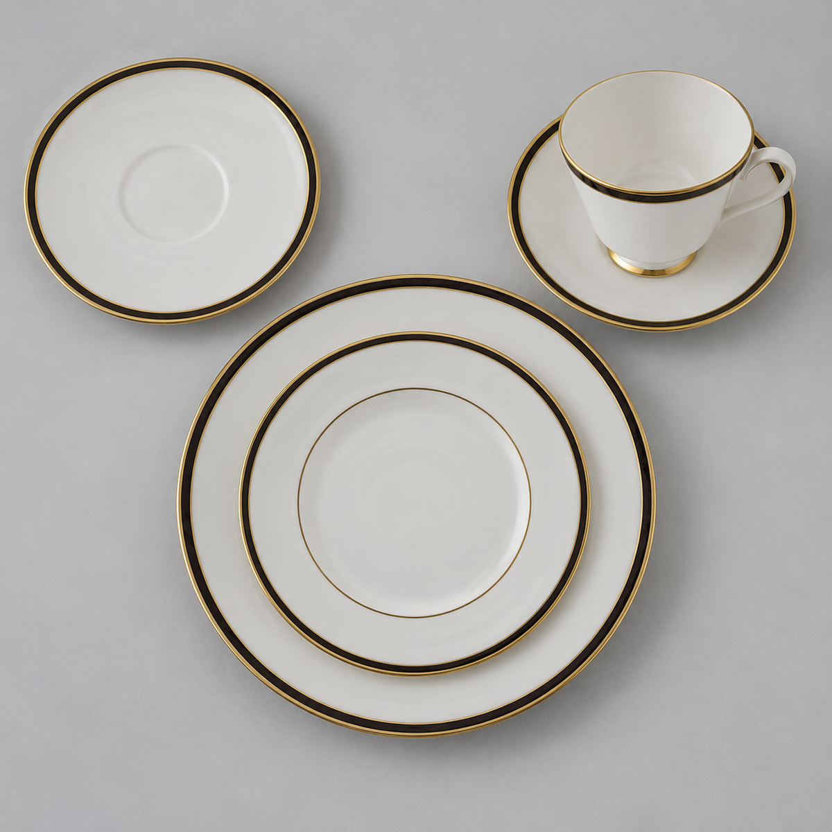 Minton Saturn Black 4 Piece Lot: Dinner Plate, Salad Plate, Footed Cup & Saucer, Saucer (Some Imperfect)