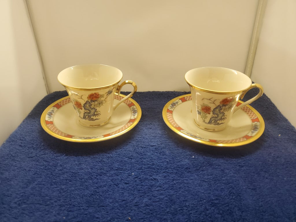 Set of 2 Lenox Red Lacquer Cup & Saucer Sets LK