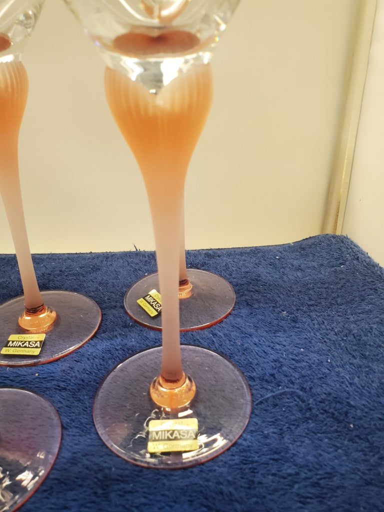 Set of 6 Mikasa Sea Mist Coral Frosted Stem Wine Glasses LK