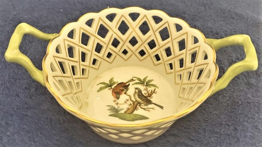 Herend Rothschild Bird (RO) 5" Round Open Weave Basket w/ Handles 7412 Imperfect