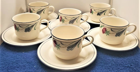 Set of 6 Lenox Poppies On Blue Cup & Saucer Sets