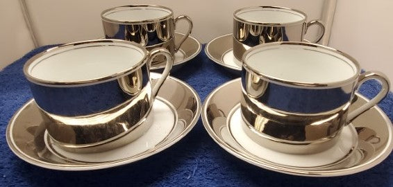 Set of 4 Fitz & Floyd Paltinum Rondelet Cup & Saucer Sets LK
