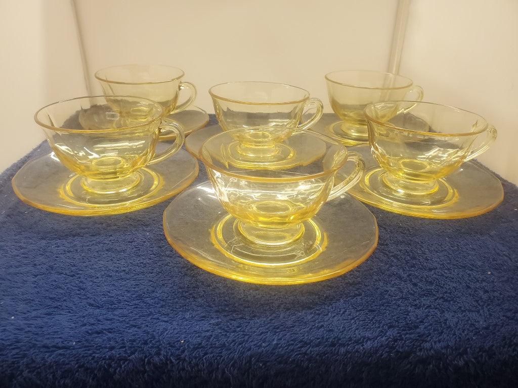 Set of 6 Depression Glass Fairfax Topaz (Yellow) Cup & Saucer Sets SASE102225