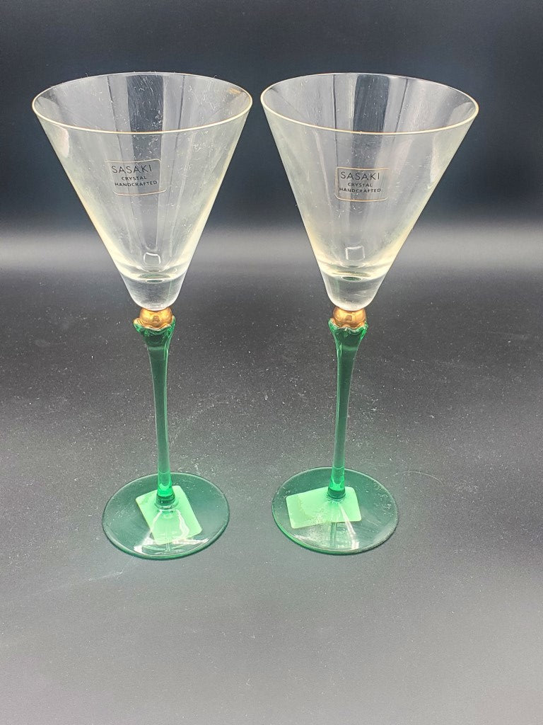 Set of 2 Sasaki Carnevale Green Wine Glasss LK