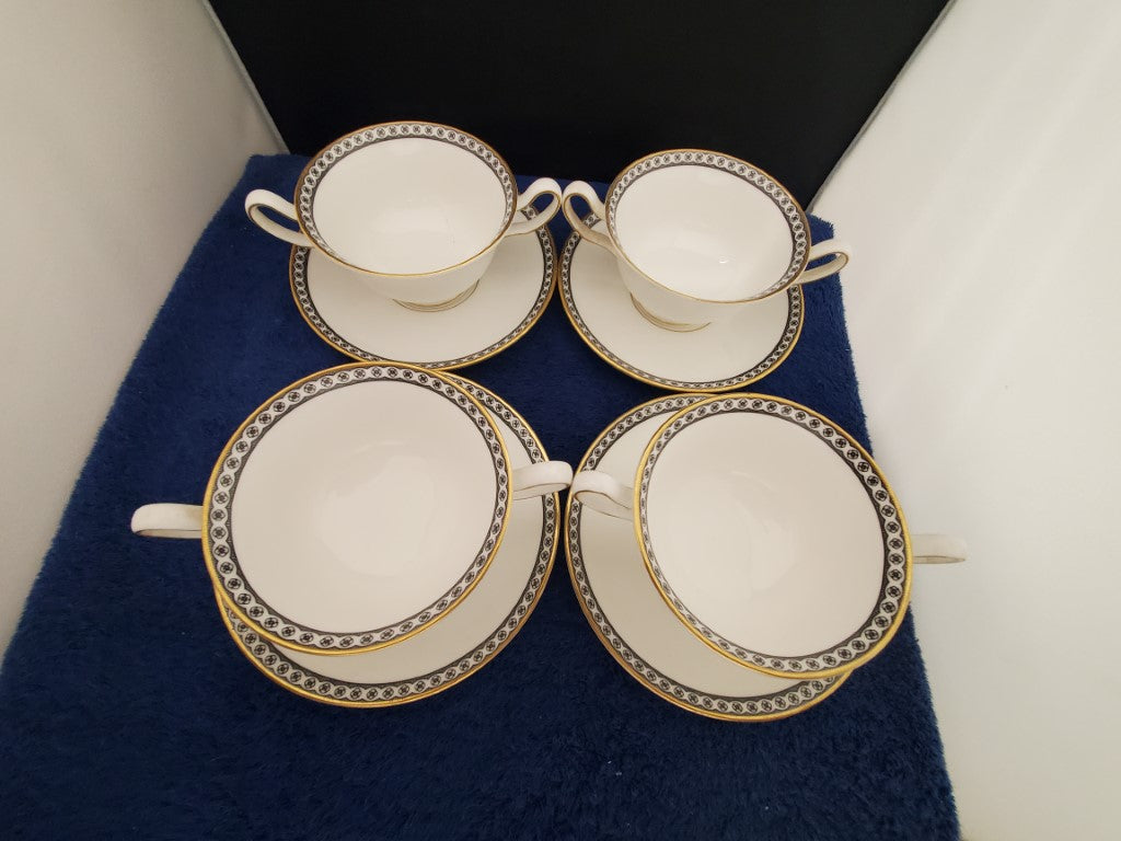 Set of 4 Wedgwood Ulander Black Cream Soup Cup & Saucer Sets