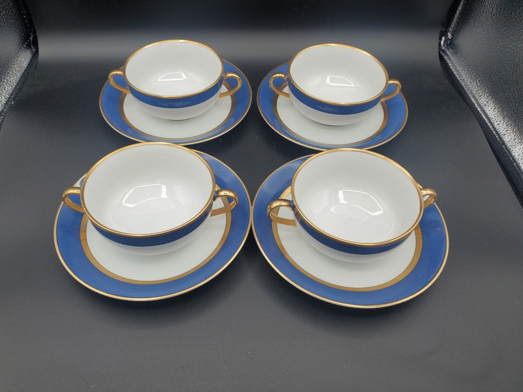 Set of 4 Fitz & Floyd Renaissance Cerulean Blue Cream Soup & Saucer Sets LK