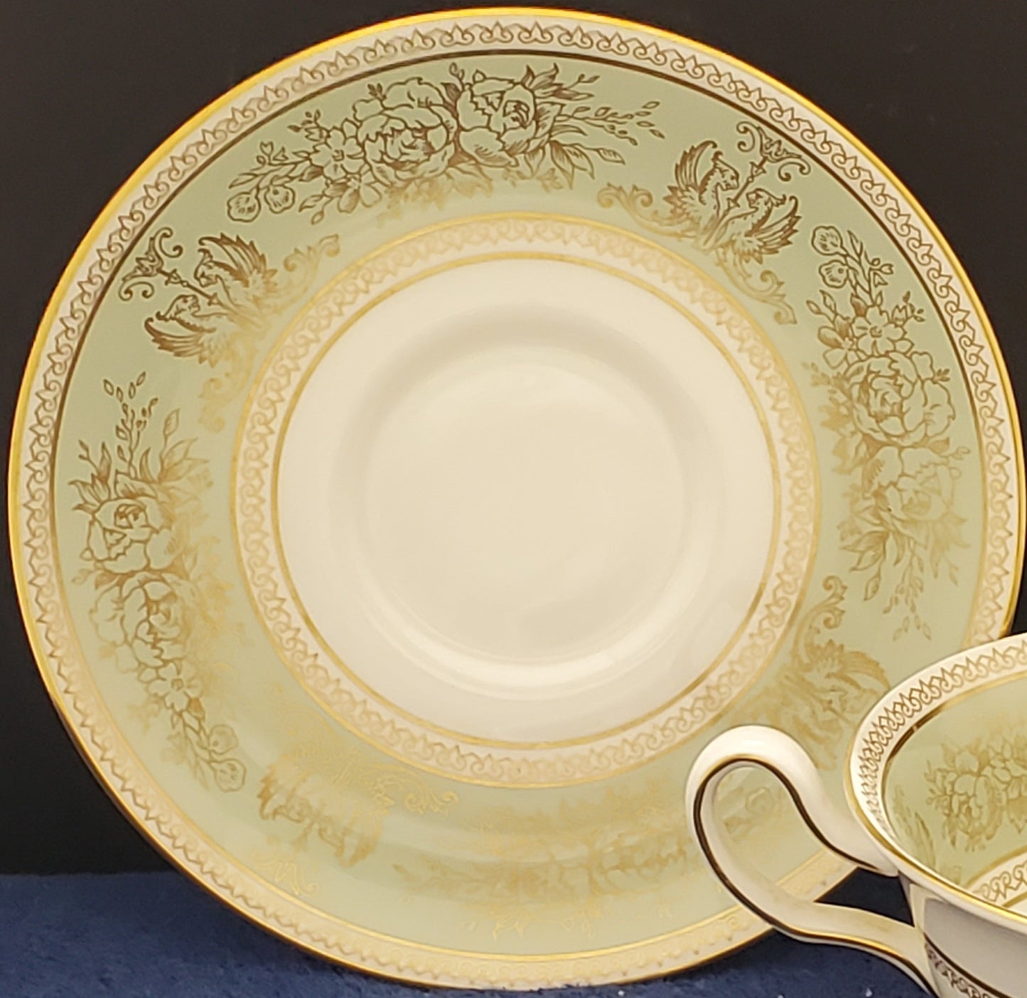 Set of 3 Wedgwood Columbia-Sage Green Rim Footed Cream Soup Saucers ONLY