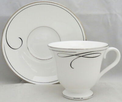 Set of 4 Waterford Ballet Ribbon (Platinum) Footed Cup & Saucer Sets