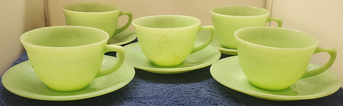 Set of 5 Anchor Hocking Fire King Jane Ray Jadeite Cup & Saucer Sets LK