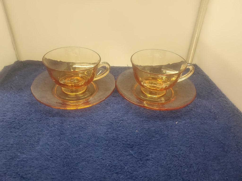 Set of 2 Depression Glass Fairfax Amber (Orange) Cup & Saucer Sets SASE102225