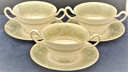 Set of 3 Wedgwood Columbia-Sage Green Rim Footed Cream Soup Bowls & Saucers Sets