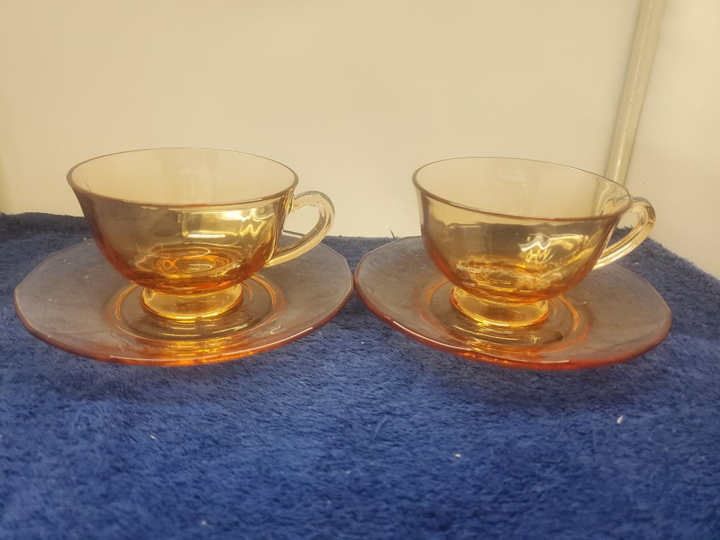 Set of 2 Depression Glass Fairfax Amber (Orange) Cup & Saucer Sets SASE102225