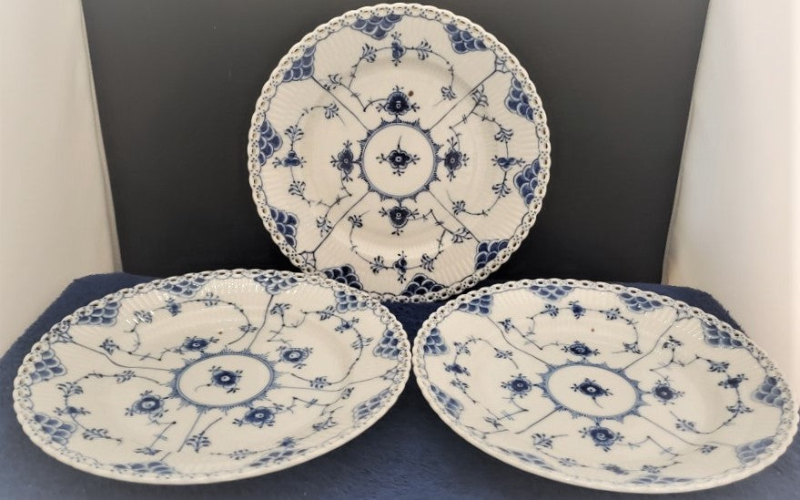 Set of 3 Royal Copenhagen Blue Fluted Full Lace (Imperfect) Salad Plates (1086)